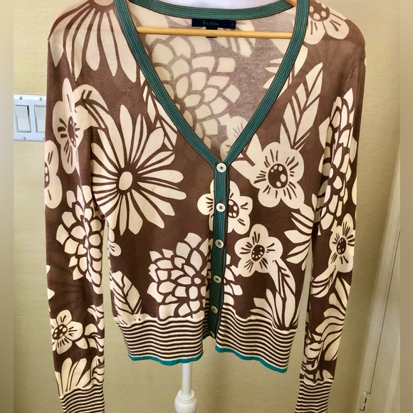 Boden Brown Floral Very Lightweight Cotton Cardigan W/Blue Accent Color
